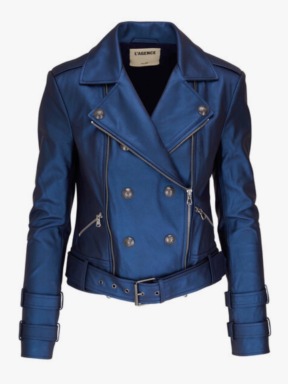 L'AGENCE Billie Metallic Blue Belted Leather Jacket